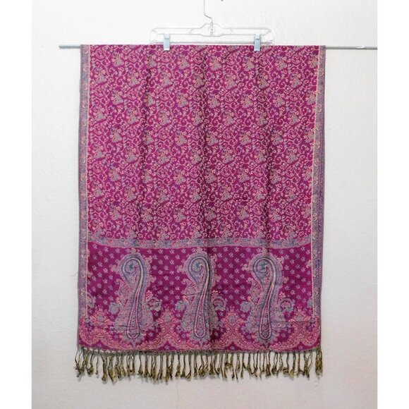 Vintage Paisley Scarf Wrap Shawl 71" X 28" Purple Gold 3" Fringe Boho Chic - Picture 7 of 9